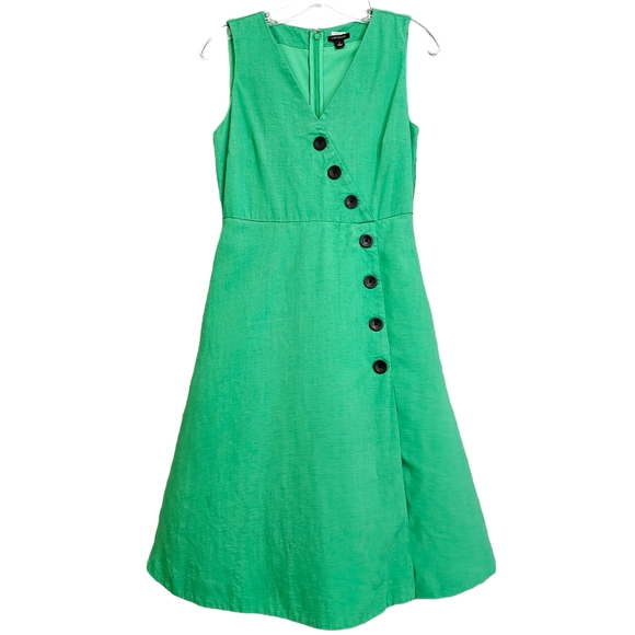 Nwot Ann Taylor Green Faux Wrap Side Button Linen Blend Sleeveless Flared Dress - Picture 15 of 15